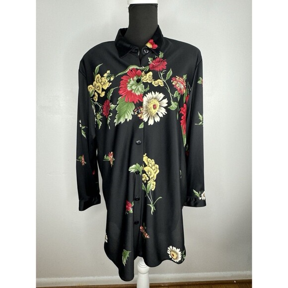 Vintage Top Notch Tunic Sz L Button Down Black Floral Made In USA - Picture 3 of 6